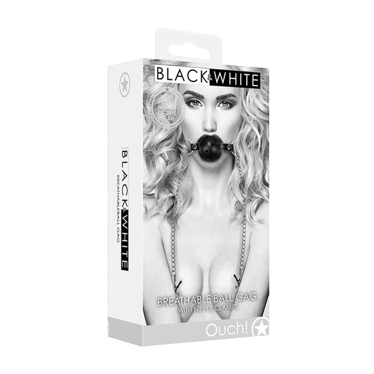 Ouch! Black & White Breathable Ball Gag With Nipple Clamps Black-Pinkfoxxx