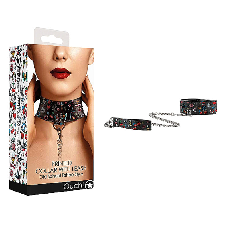 Ouch! Old School Tattoo Style Adjustable Printed Collar With Leash Multi-Color-Pinkfoxxx