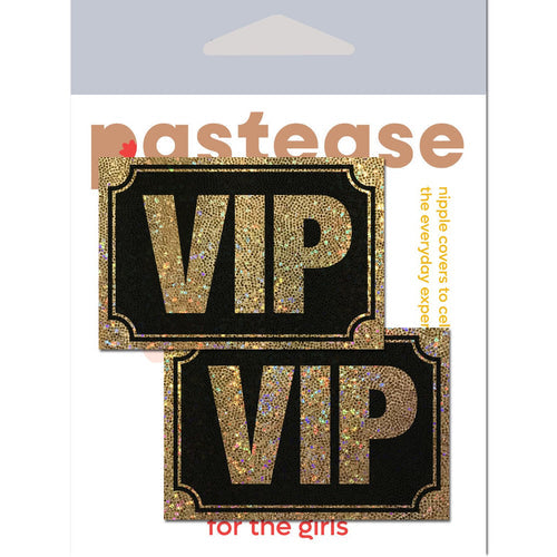 PASTEASE VIP GOLD GLITTER ON LIQUID BLACK NIPPLE PASTIES - PASVIP