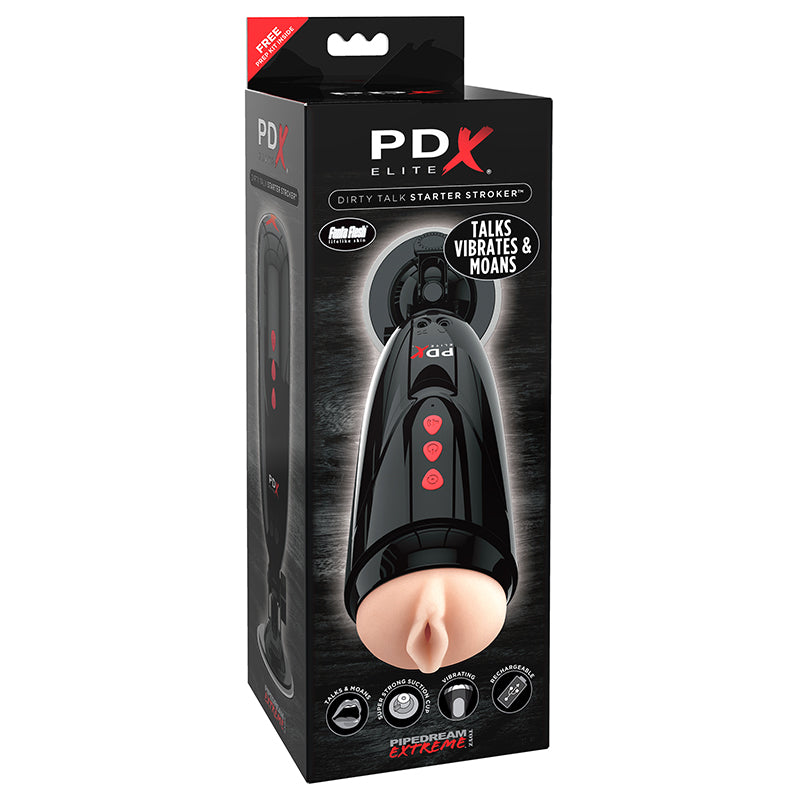 PDX Elite Dirty Talk Rechargeable Vibrating Starter Stroker With Hands-Free Suction Cup Beige/Black-Pinkfoxxx