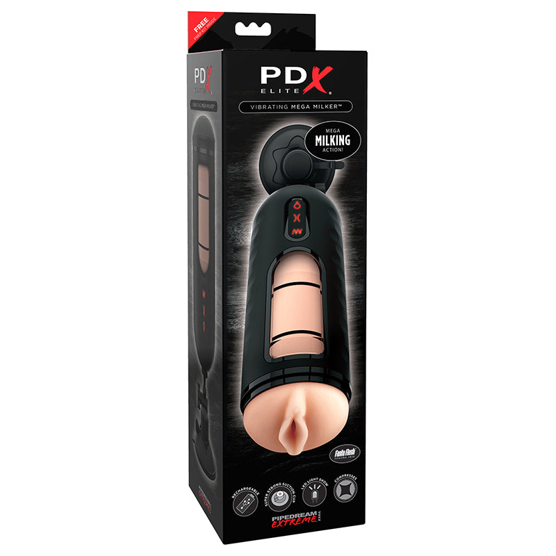PDX Elite Vibrating Mega Milker Rechargeable Stroker With Hands-Free Suction Cup Beige/Black-Pinkfoxxx