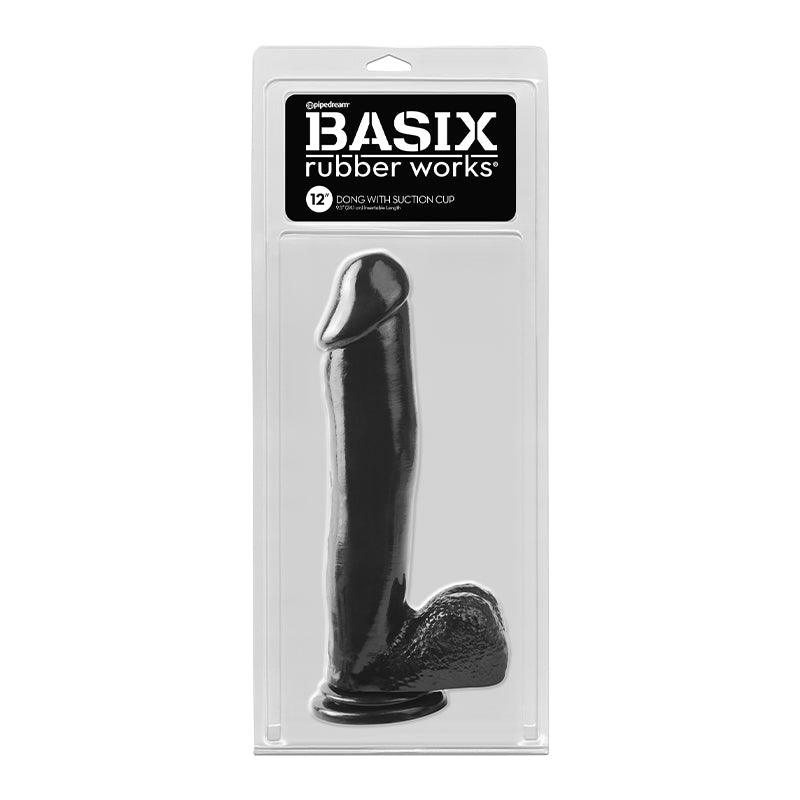 Pipedream Basix Rubber Works 12 in. Dong With Balls & Suction Cup Black-Pinkfoxxx