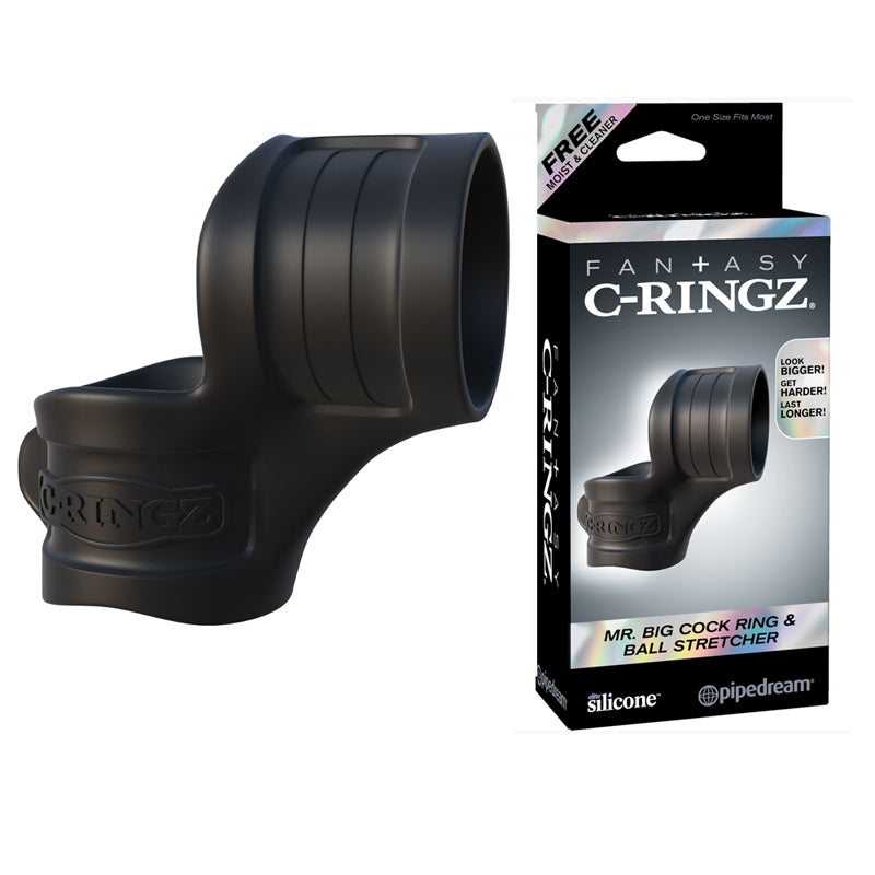 Pipedream Fantasy C-Ringz Mr. Big Cock Ring & Ball Stretcher Silicone Sling Black-Pinkfoxxx