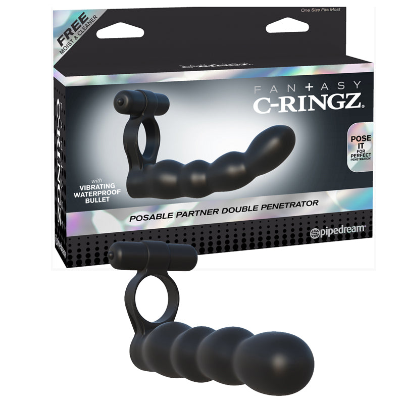 Pipedream Fantasy C-Ringz Posable Partner Double Penetrator Vibrating Silicone Dual Entry Cockring Black-Pinkfoxxx