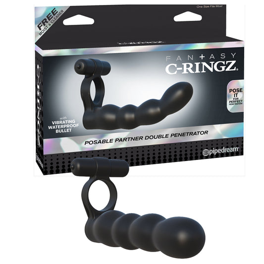 Pipedream Fantasy C-Ringz Posable Partner Double Penetrator Vibrating Silicone Dual Entry Cockring Black-Pinkfoxxx