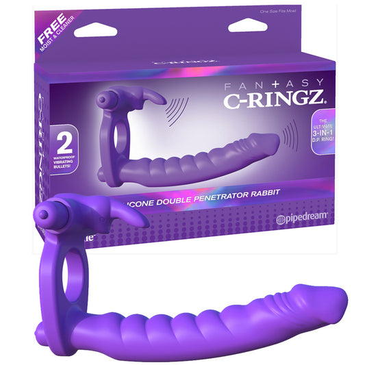 Pipedream Fantasy C-Ringz Silicone Double Penetrator Rabbit Vibrating Dual Entry Cockring With Ears Purple-Pinkfoxxx
