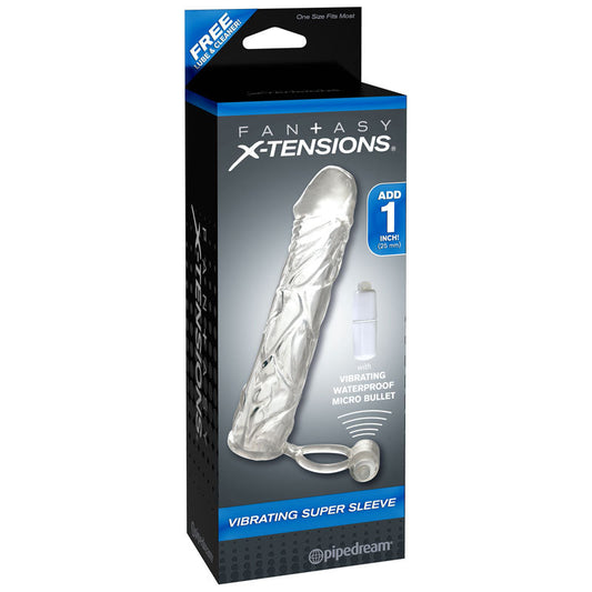 Pipedream Fantasy X-tensions Vibrating Super Sleeve 1 in. Extension With Ball Strap Clear-Pinkfoxxx