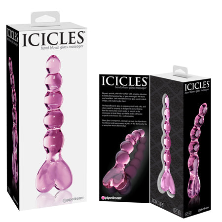 Pipedream Icicles No. 43 Curved Beaded 8 in. Glass Dildo With Heart-Shaped Handle Pink-Pinkfoxxx