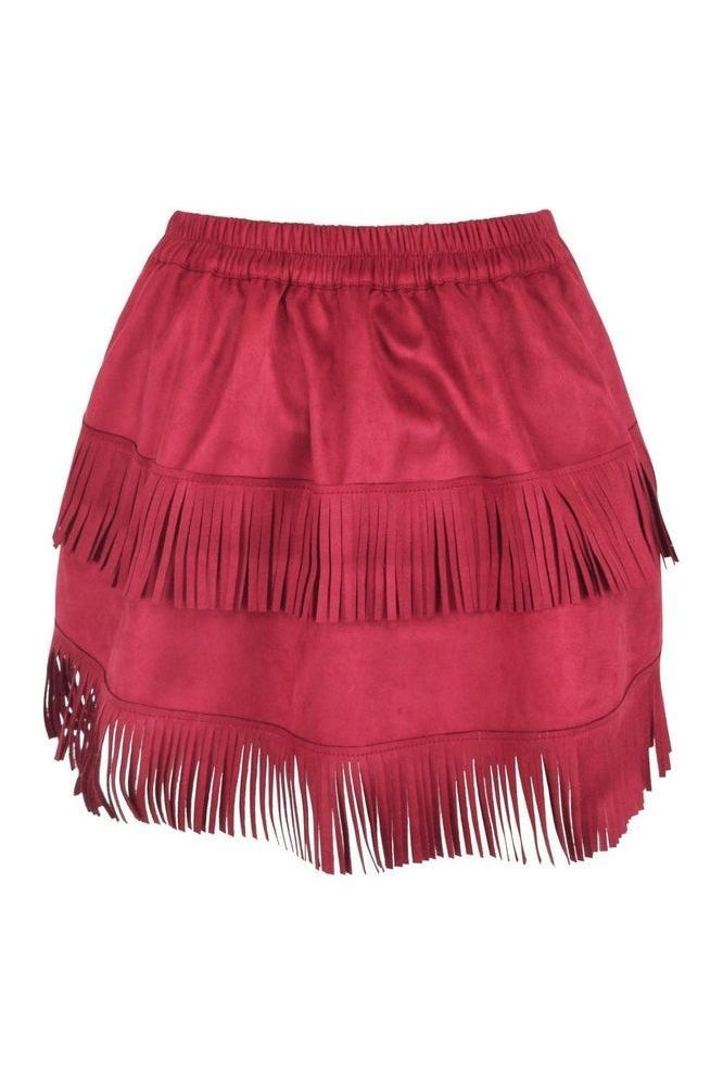 Red Suede Ruched Bustle Skirt w/Fringe