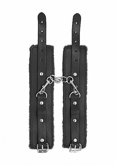 OUCH! PLUSH LEATHER HANDCUFFS BLACK - SHTOU267BLK