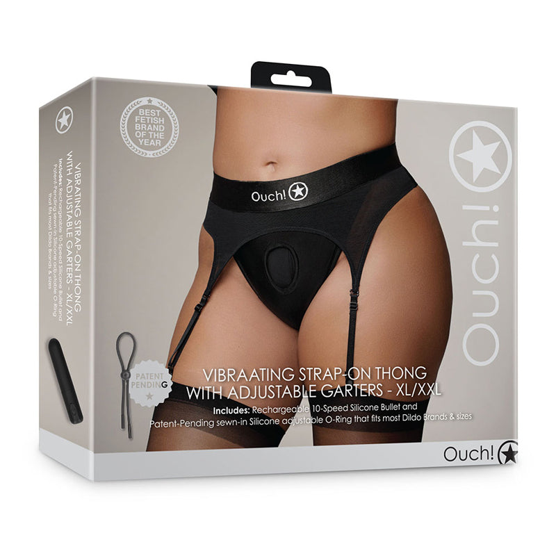 Shots Ouch! Vibrating Strap-on Thong with Adjustable Garters Black-Pinkfoxxx