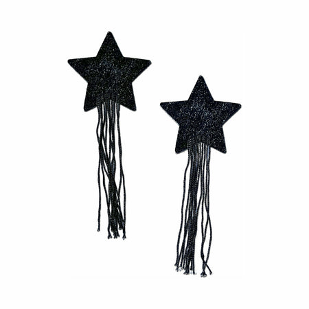 Tassel Pasties: Black Sparkle Star Pastease with Long Fringe Nipple Pasties-Pinkfoxxx