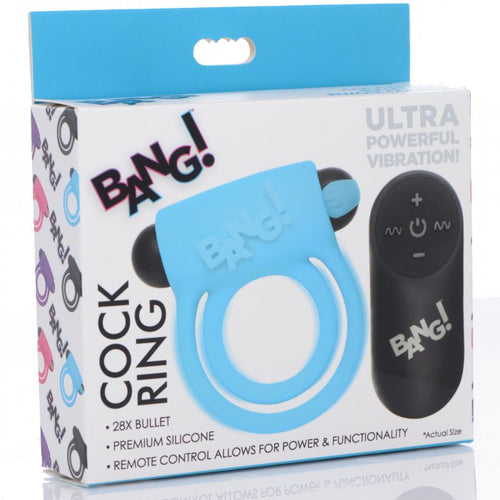 BANG! SILICONE COCK RING & BULLET W/ REMOTE BLUE - XRAG572BLU