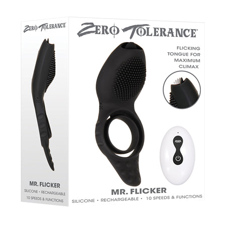 Zero Tolerance Mr. Flicker Rechargeable Remote-Controlled Flicking Tongue Vibrating Silicone Cockring Black-Pinkfoxxx