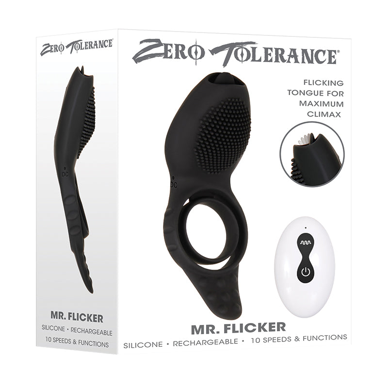 Zero Tolerance Mr. Flicker Rechargeable Remote-Controlled Flicking Tongue Vibrating Silicone Cockring Black-Pinkfoxxx