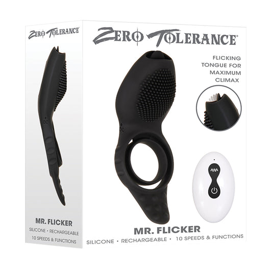 Zero Tolerance Mr. Flicker Rechargeable Remote-Controlled Flicking Tongue Vibrating Silicone Cockring Black-Pinkfoxxx