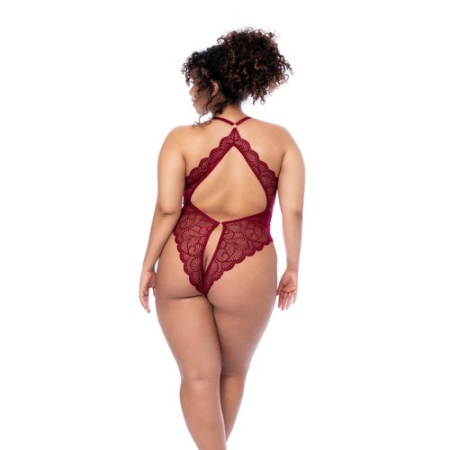 The most flattering bodysuit in a cotemporary wavy lace. Features a plunge neckline, open