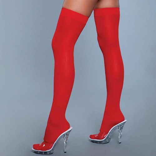 BeWicked Opaque Nylon Thigh Highs-Red O/S