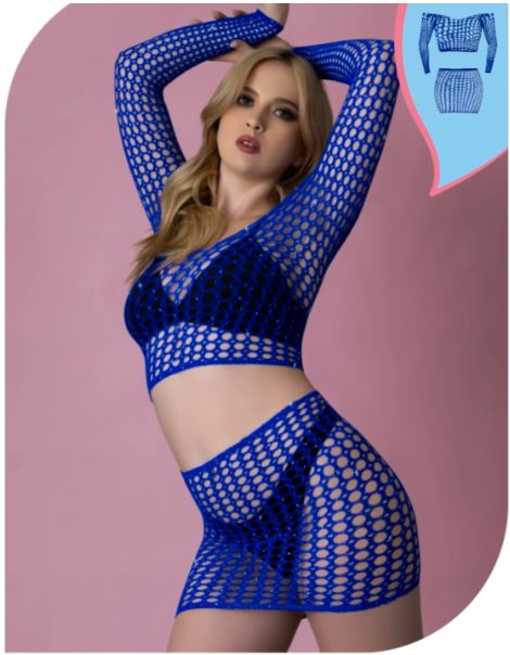 LOVE RHINESTONE CRYSTAL OFF SHOULDER CROP TOP & SKIRT BLUE