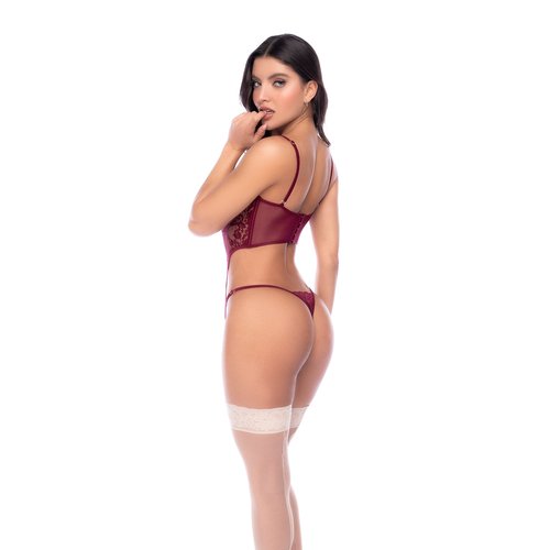 Two-piece set featuring a sheer lace bodysuit with adjustable straps and attached garters