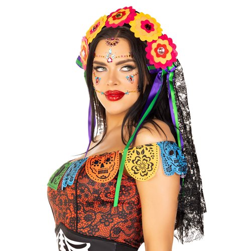 Day of the Dead Flower Headpiece with Lace Veil - A2726 10122
