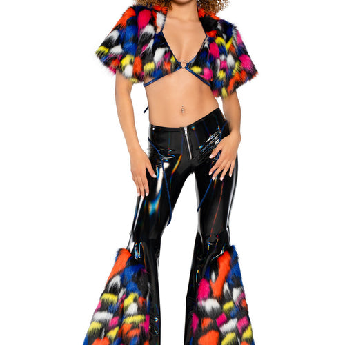 JR222 - Holo PVC/Faux Fur Bell-Bottom Pant