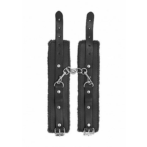 OUCH! PLUSH LEATHER HANDCUFFS BLACK - SHTOU267BLK