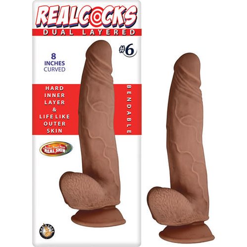REAL COCKS DUAL LAYERED #6 BROWN CURVED 8 "