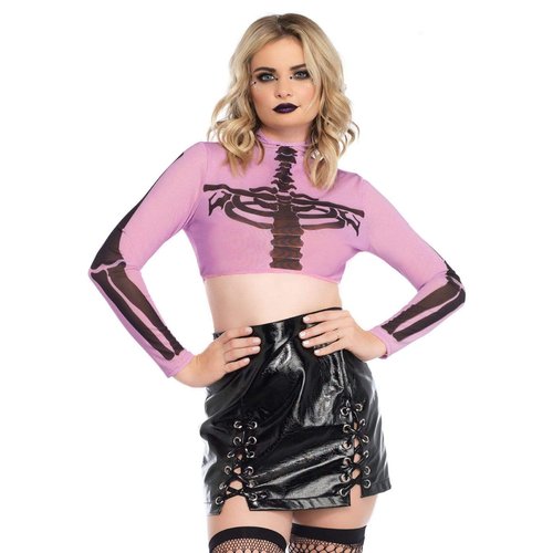 Skeleton High Neck Long Sleeve Mesh Crop Top - 8283 05201
