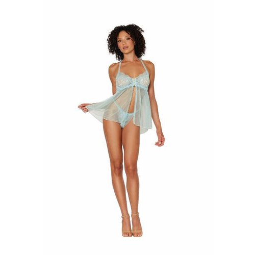 STRETCH LACE BABYDOLL SET W/ RUFFLE TRIM MINT O/S - DG12813MNT