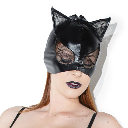 Cat Mask with Lace Eyes and Ears Black OS Hanging