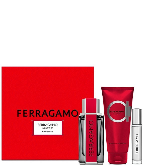 FERRAGAMO RED LEATHER 3PC SET, MEN'S GIFT SET, EDP