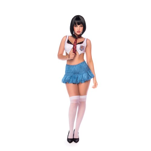 Three-piece set featuring a cropped top with tie detail, matching thong, and mini skirt. P
