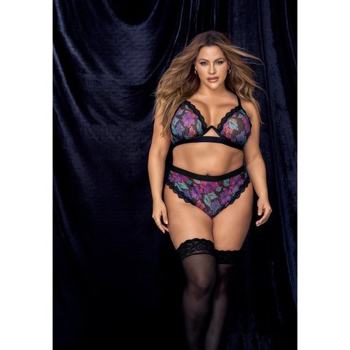 An essential two-piece set with a vibrant flower print on a sheer mesh with contrasting la