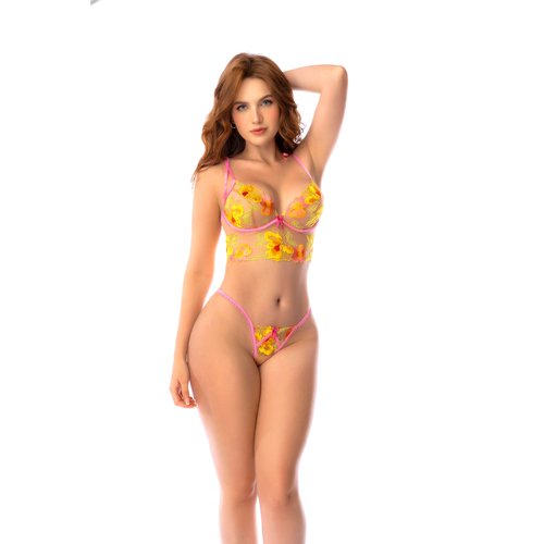 A sheer embroidered longline bra and thong set with adjustable straps and lace-up back det