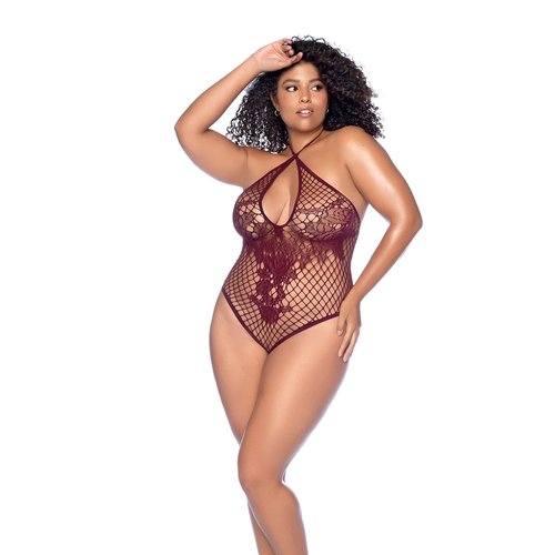 A versatile fishnet bodysuit that can be styled with either a halter or crossed neckline.