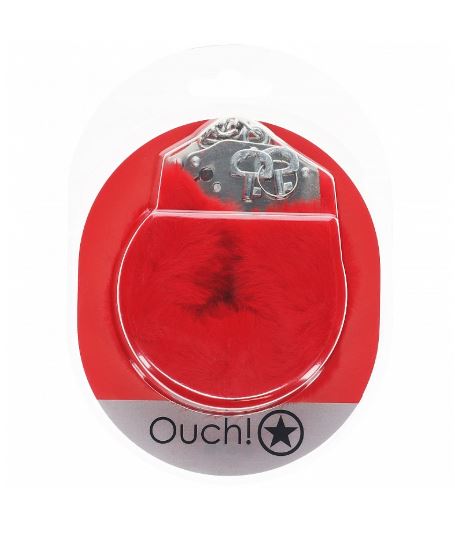 OUCH! HEAVY DUTY FLUFFY HANDCUFFS - RED - SHTOU1046RED