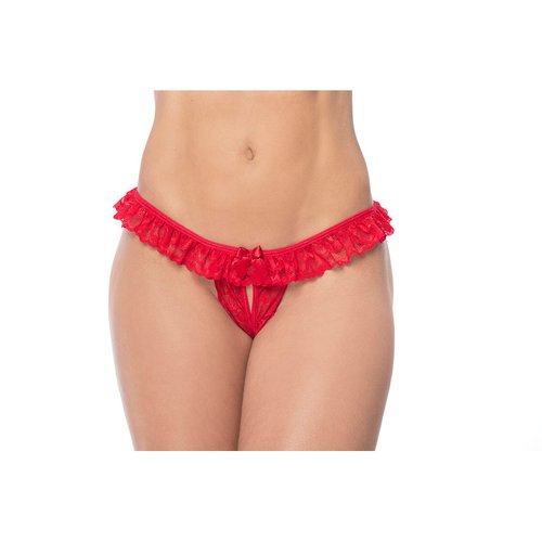 Floral lace peek-a-boo panty, ruffled waistband and decorative bow design