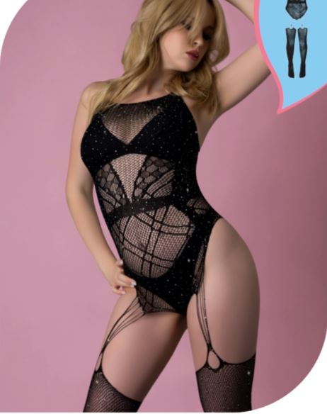 LOVE RHINESTONE CRYSTAL GARTERED BODY STOCKING BLACK
