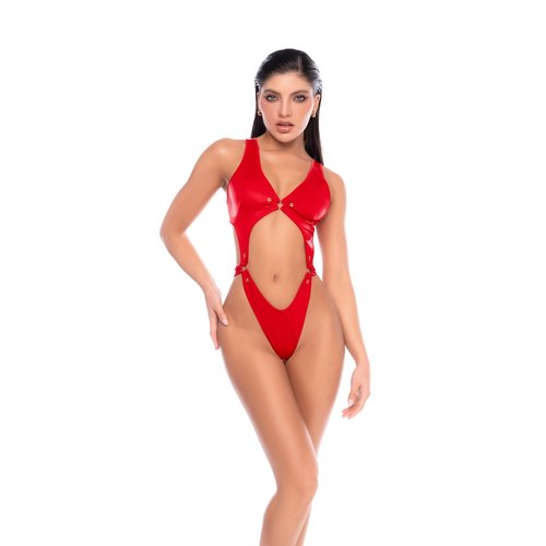 One-piece bodysuit with a plunging neckline, front ring detail, and high-cut leg