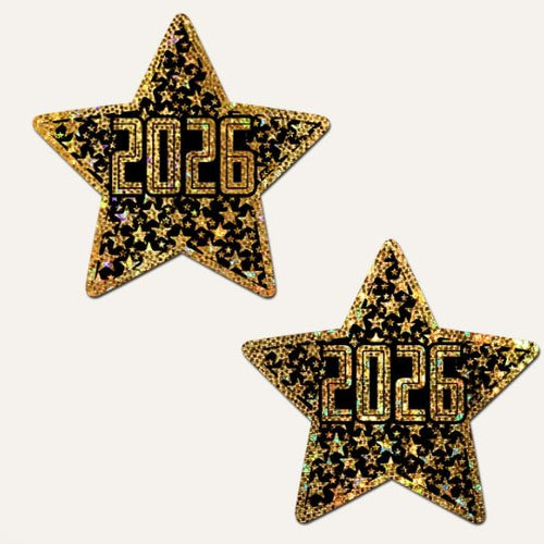 PASTEASE HAPPY NEW YEAR 2026 BLACK & GOLD STAR NIPPLE - PASSTR20265