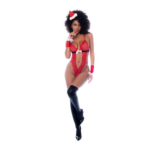 Heat things up on cold Christmas nights with this polka-dot mesh bodysuit with a