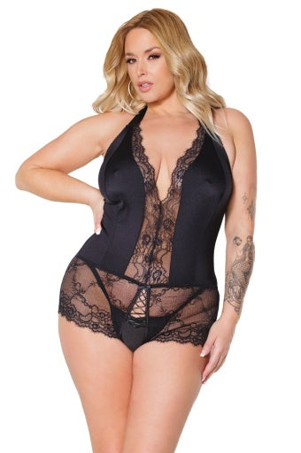 22307 - Satin & Lace Crotchless Halter Teddy