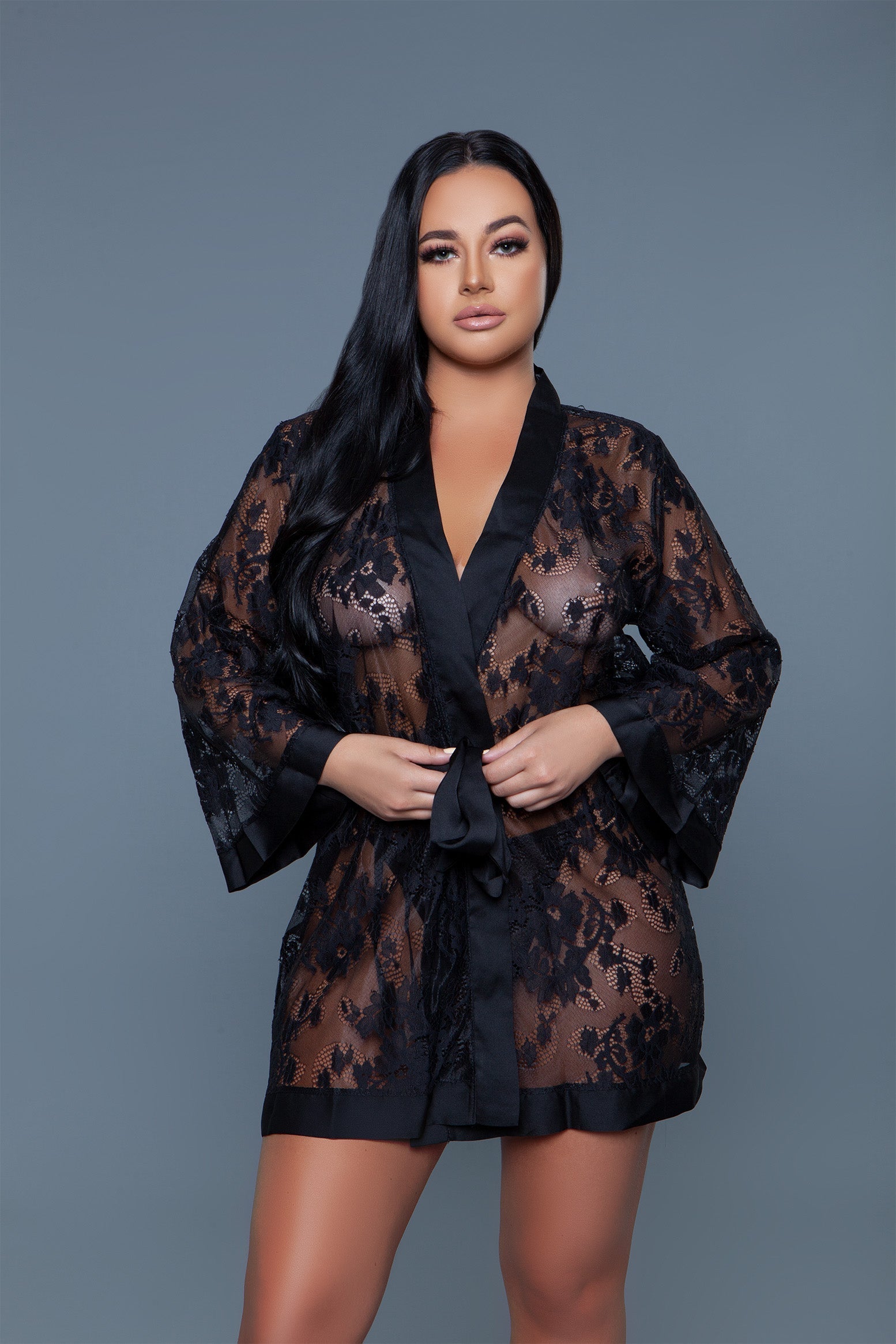 2275 Delia Robe Floral Lace Robe with Satin Trimming-Pinkfoxxx