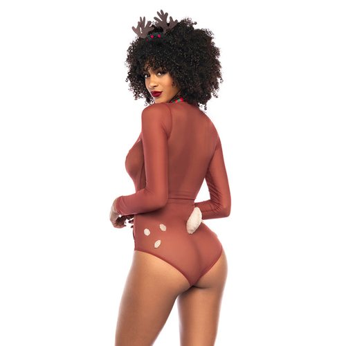Sexy reindeer costume. Includes long-sleeved sheer mesh bodysuit with stuffed an