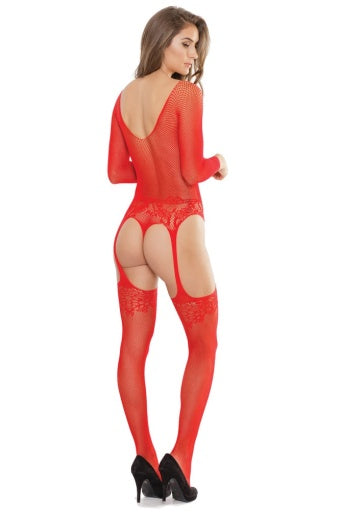 2555 - Long Sleeve Teddy W/ Attached Garters/Stocking