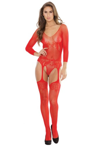 2555 - Long Sleeve Teddy W/ Attached Garters/Stocking