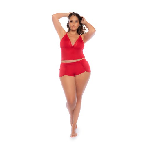 Get in the spirit with this two-piece set with in a seasonal red with eyelash lace trims