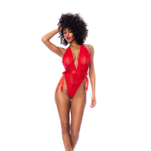 Show off your curves in this seductive high-cut bodysuit. Featured in a heart lace, plunge