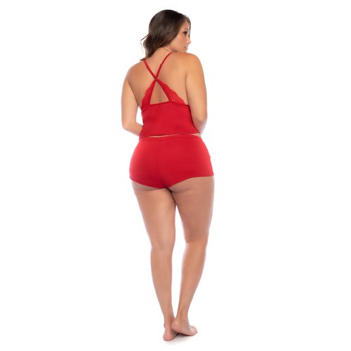 Get in the spirit with this two-piece set with in a seasonal red with eyelash lace trims